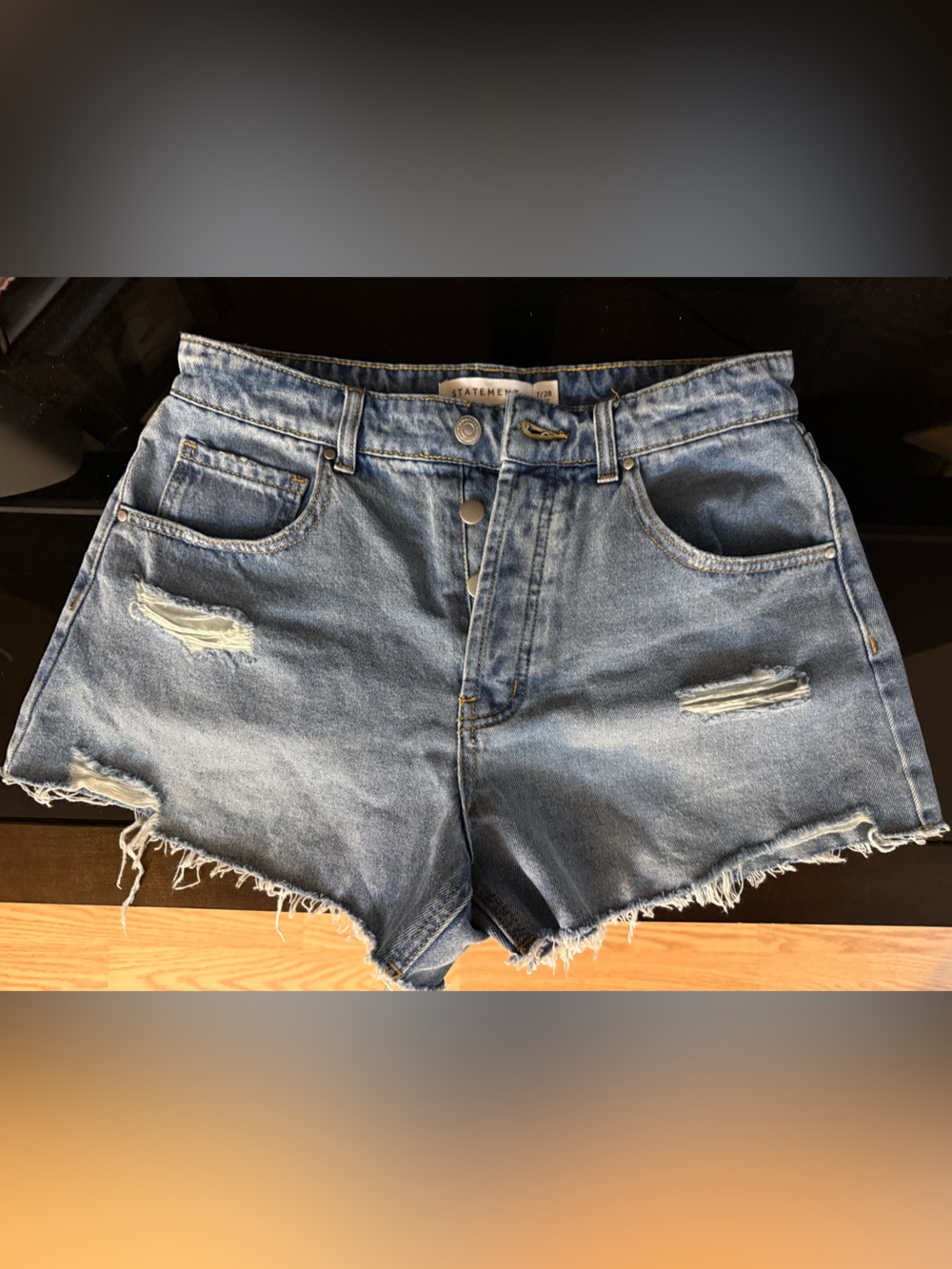 STATE Light Blue Denim Jean Shorts with Gold Stitching